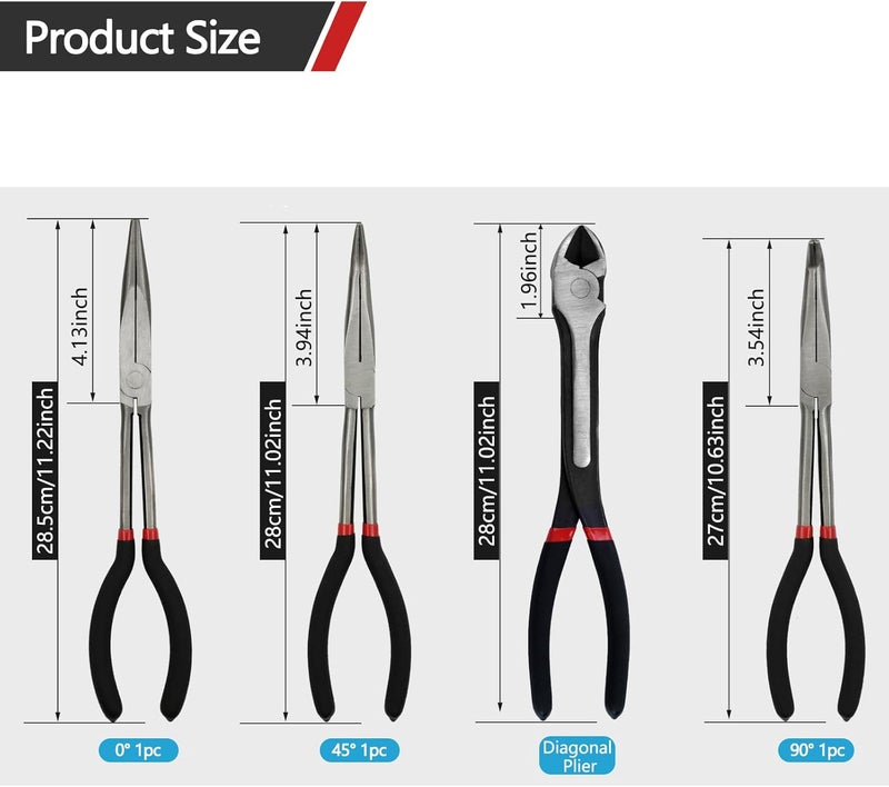 MFBJXC 4-Piece 11" Extra Long Needle Nose Pliers Set with Insulated Comfort Grip, Straight Long Reach, 45/90°Bent Nose & Diagonal Pliers for Bending, Shaping & Trimming in Narrow Spaces - Image 4
